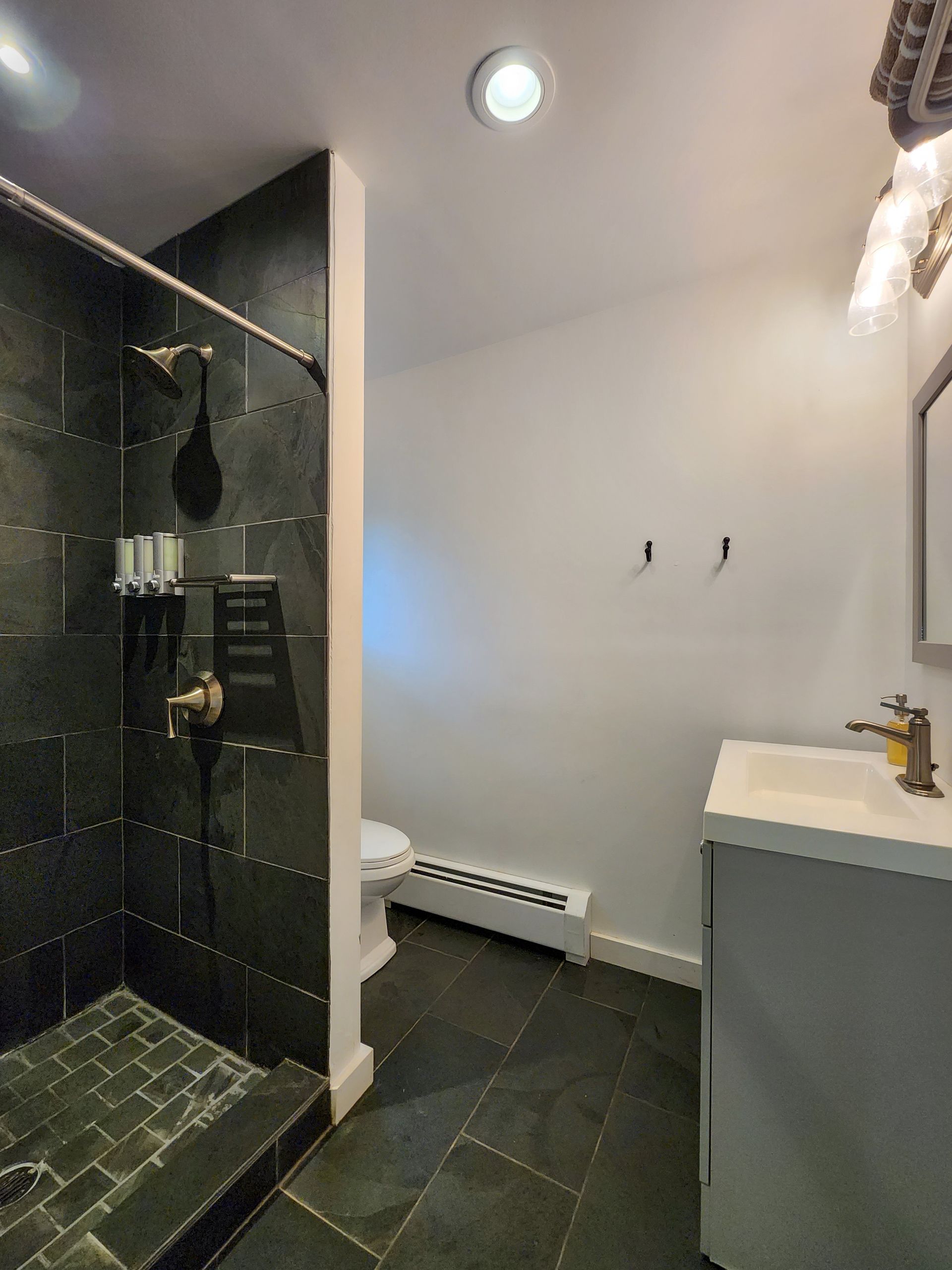 Cabin #1's bathroom and shower at Belleayre Lodge, in Pine Hill section of the Catskills in Upstate New York.