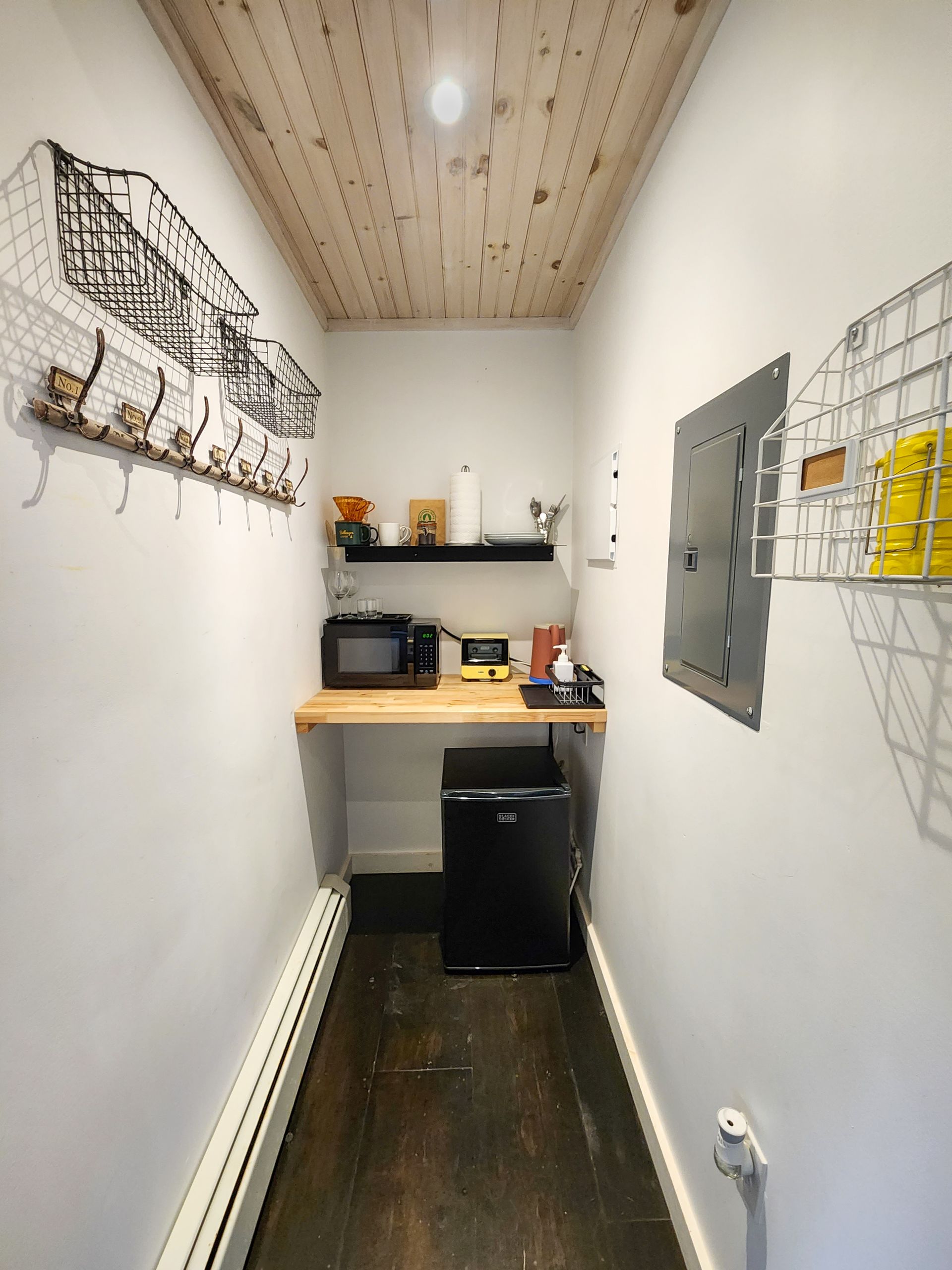 Interior of Cabin 1 at Belleayre Lodge in Pine Hill, NY - showing kitchen with mini microwave and mini fridge.
