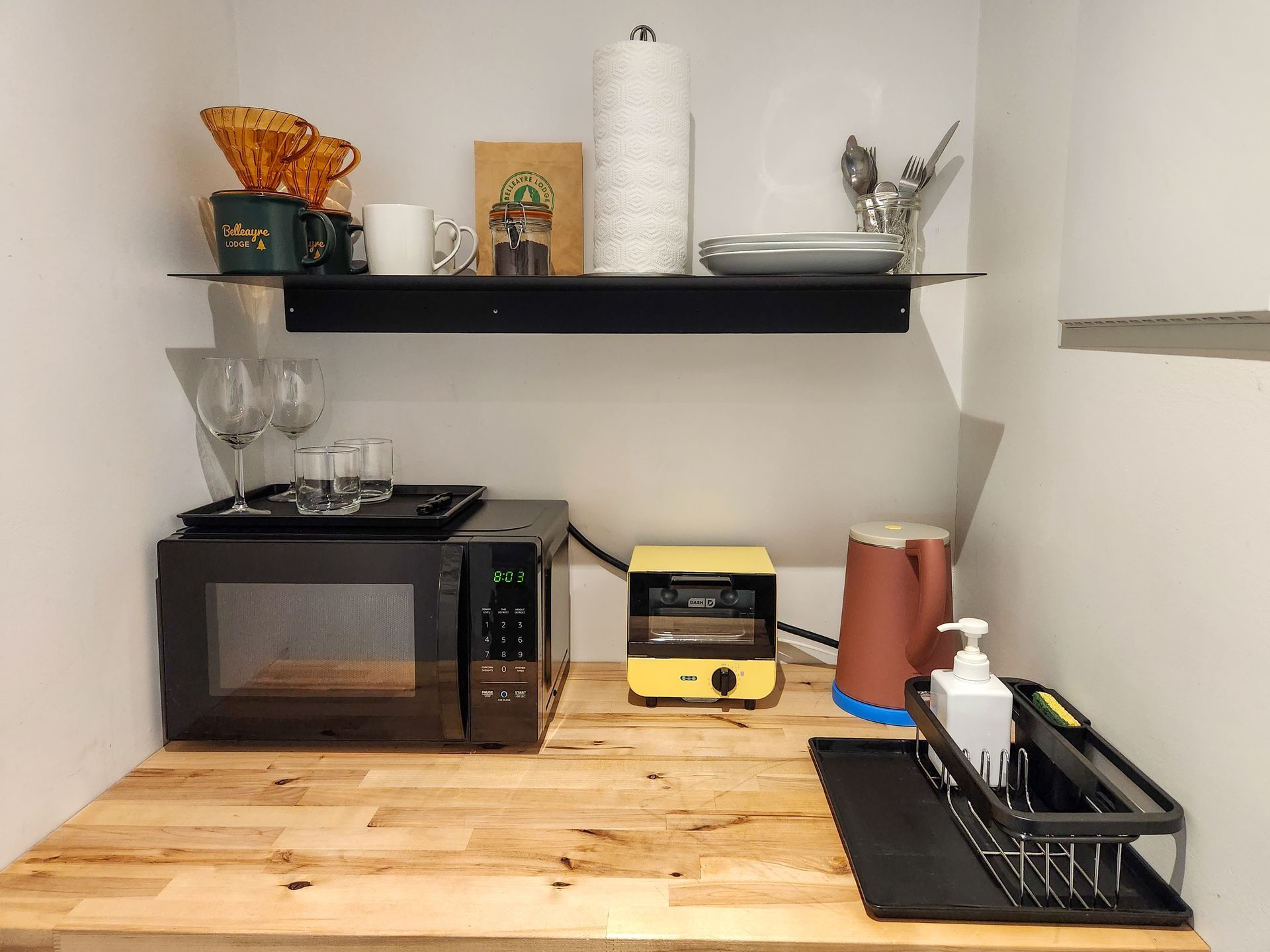 Closeup of Kitchenette in Belleayre Lodge Cabin #1, showing mini microwave and small kitchen applicances.