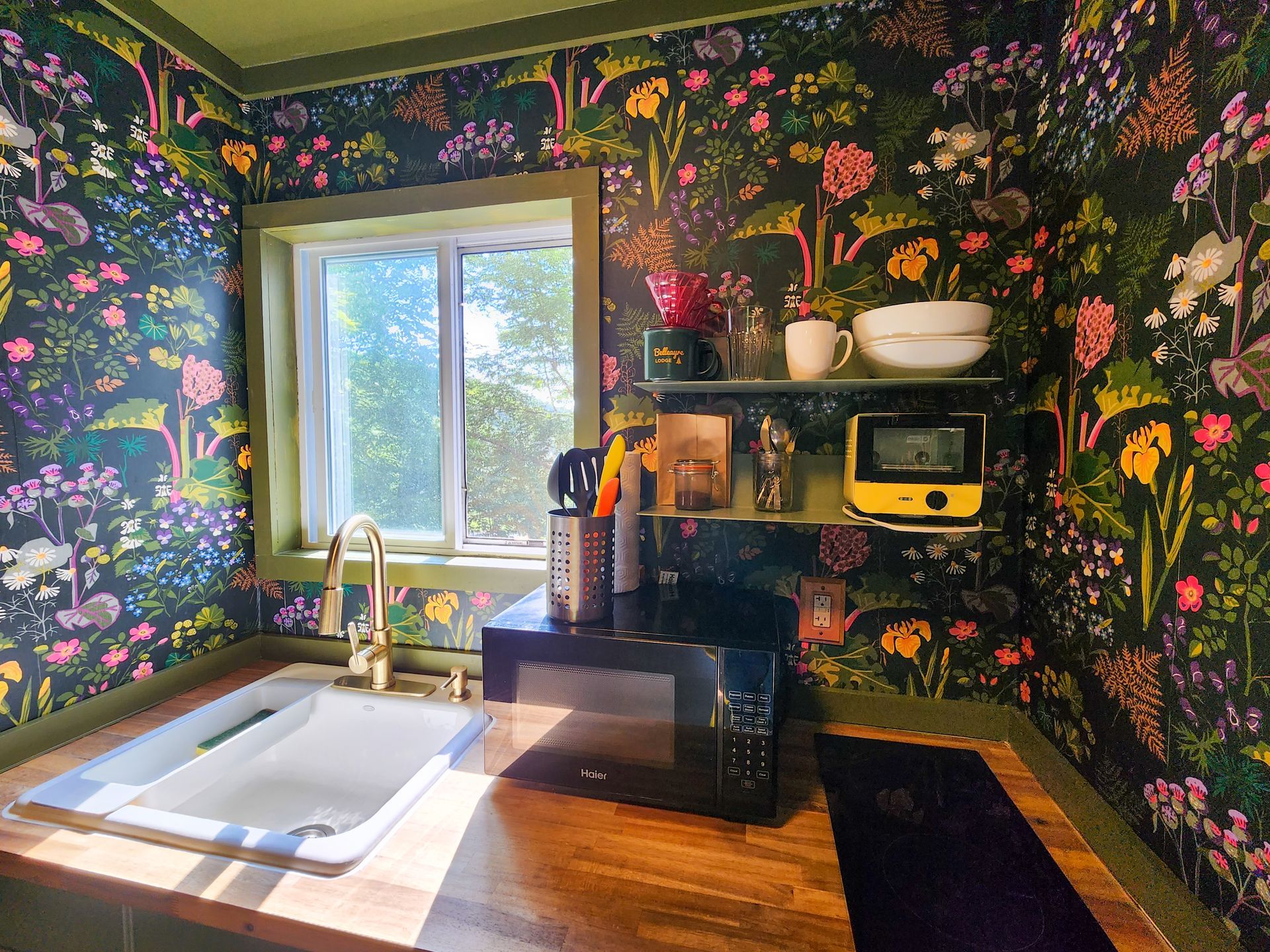 Kitchen area of Belleayre Lodge Cabin #2, showing small kitchen appliances, vibrant floral wallpaper, and beautiful view