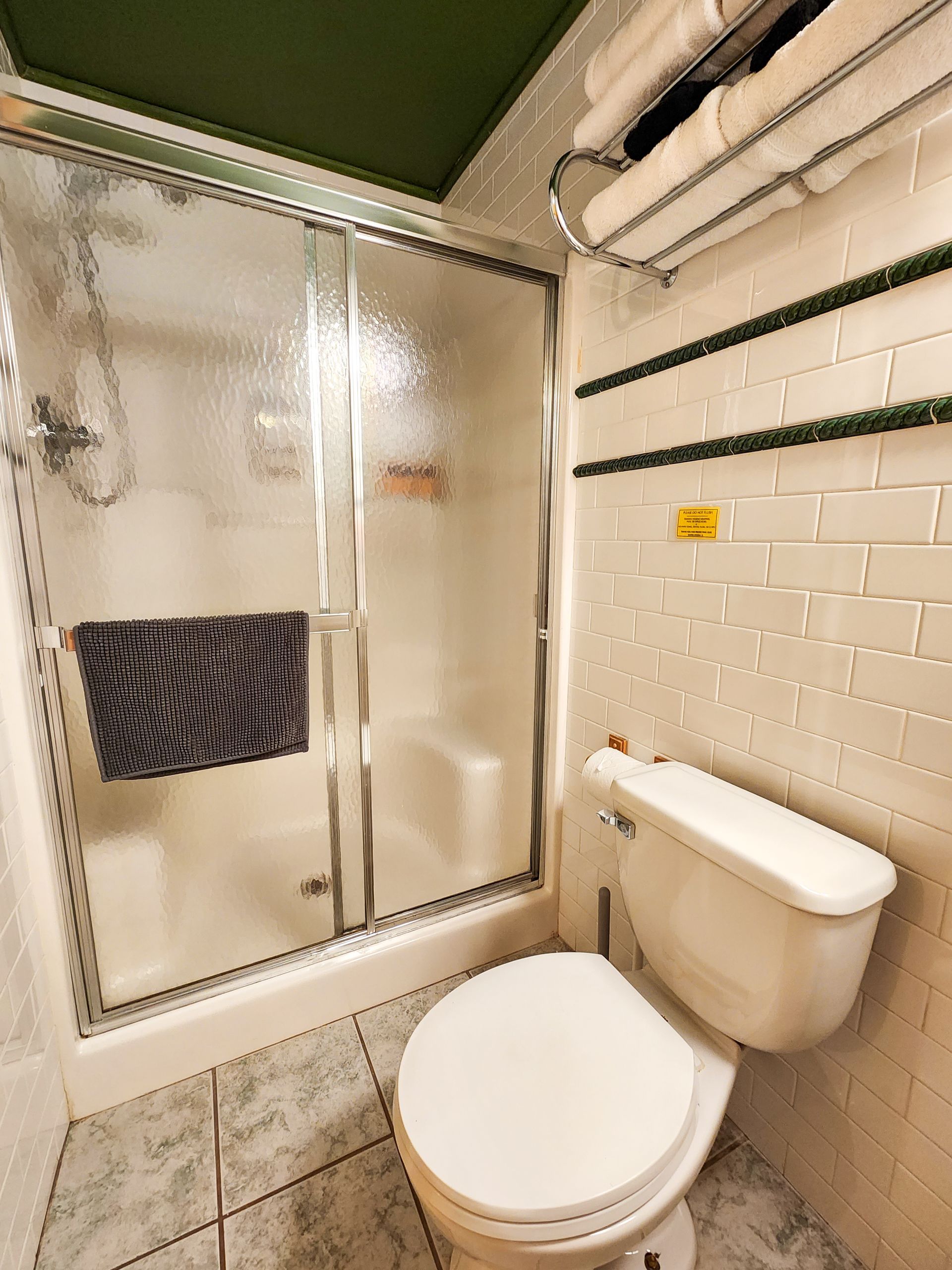 Bathroom of Cabin #7 at Belleayre Lodge, showing walk-in shower and toilet.