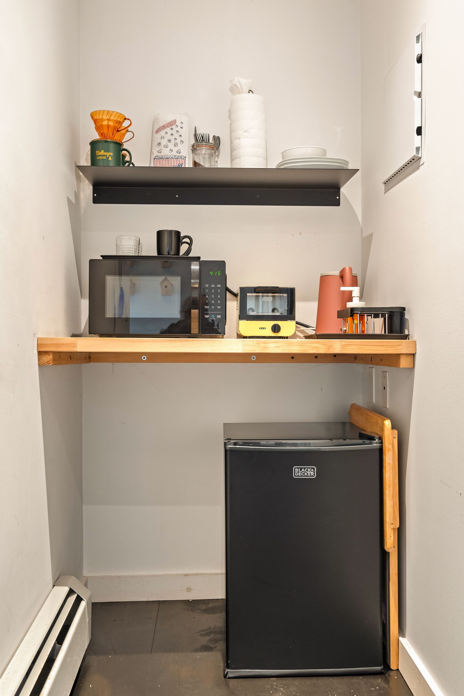 Kitchenette of Belleayre Lodge's Cabin 1 in Pine Hill, NY - mini fridge