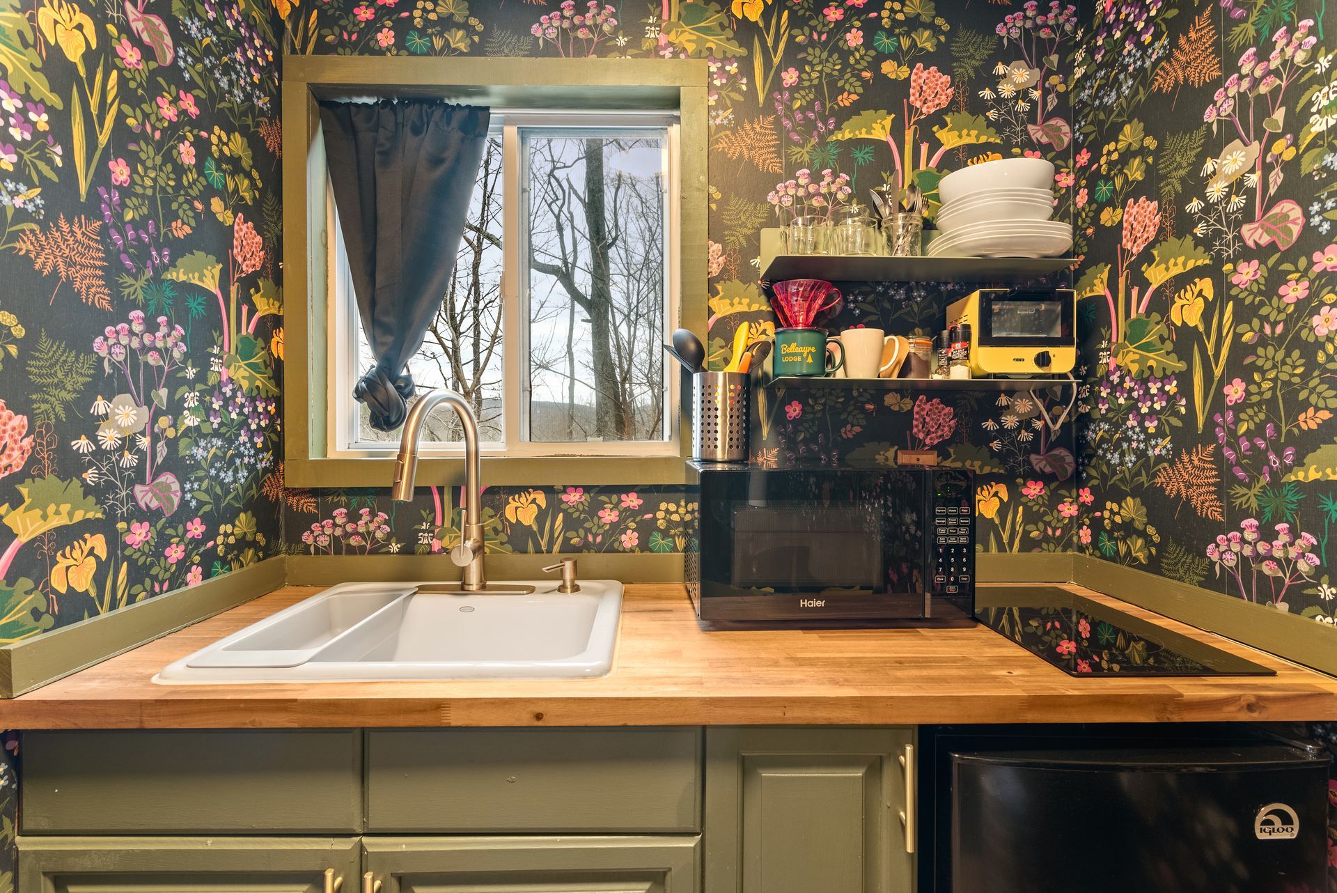 Kitchen for Cabin 2 in Belleayre Lodge in Pine Hill, NY - showing sink, floral walls, and window views
