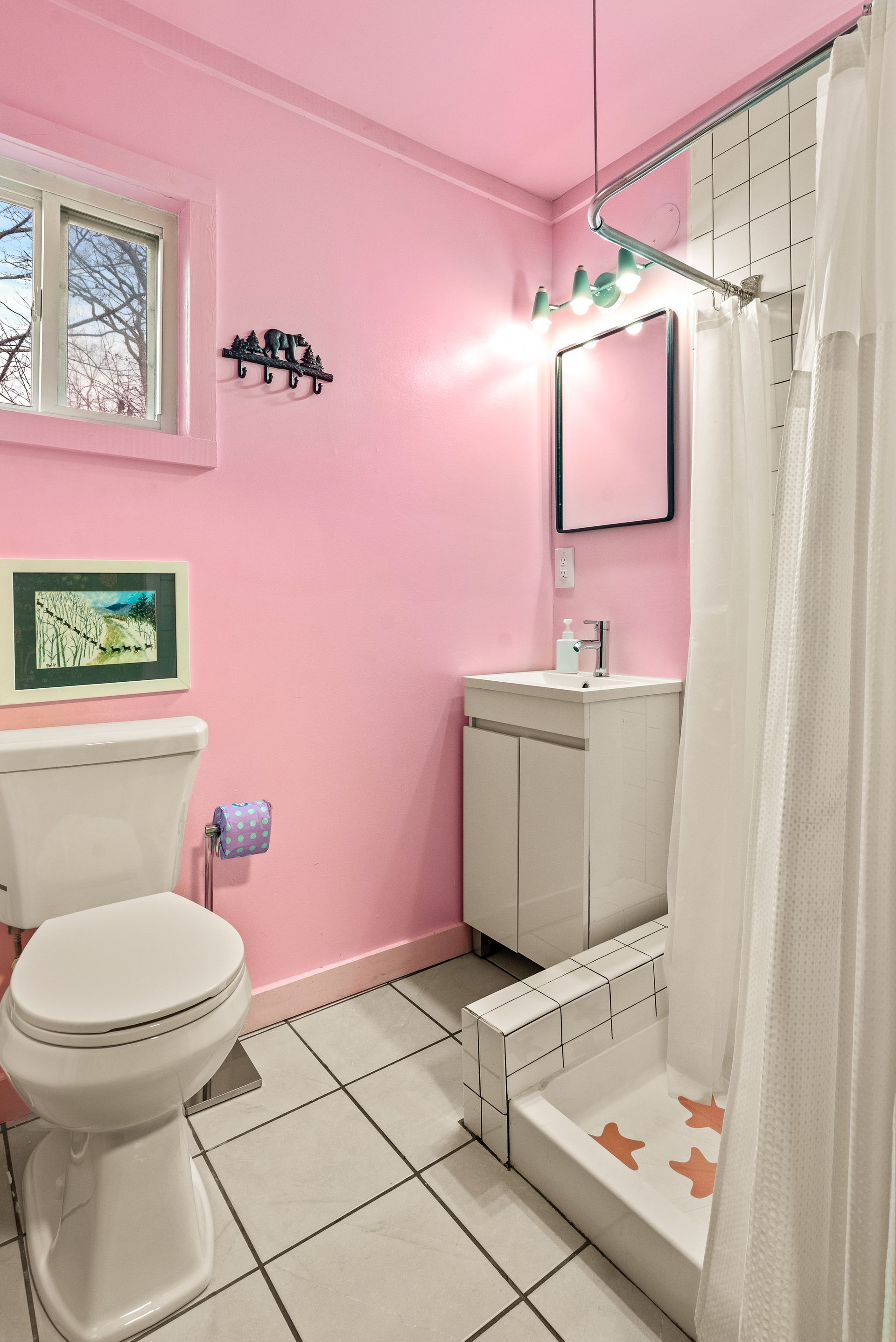 Cozy bathroom for  Cabin 2 in Belleayre Lodge in Pine Hill, NY - showing pink walls and new fixtures.