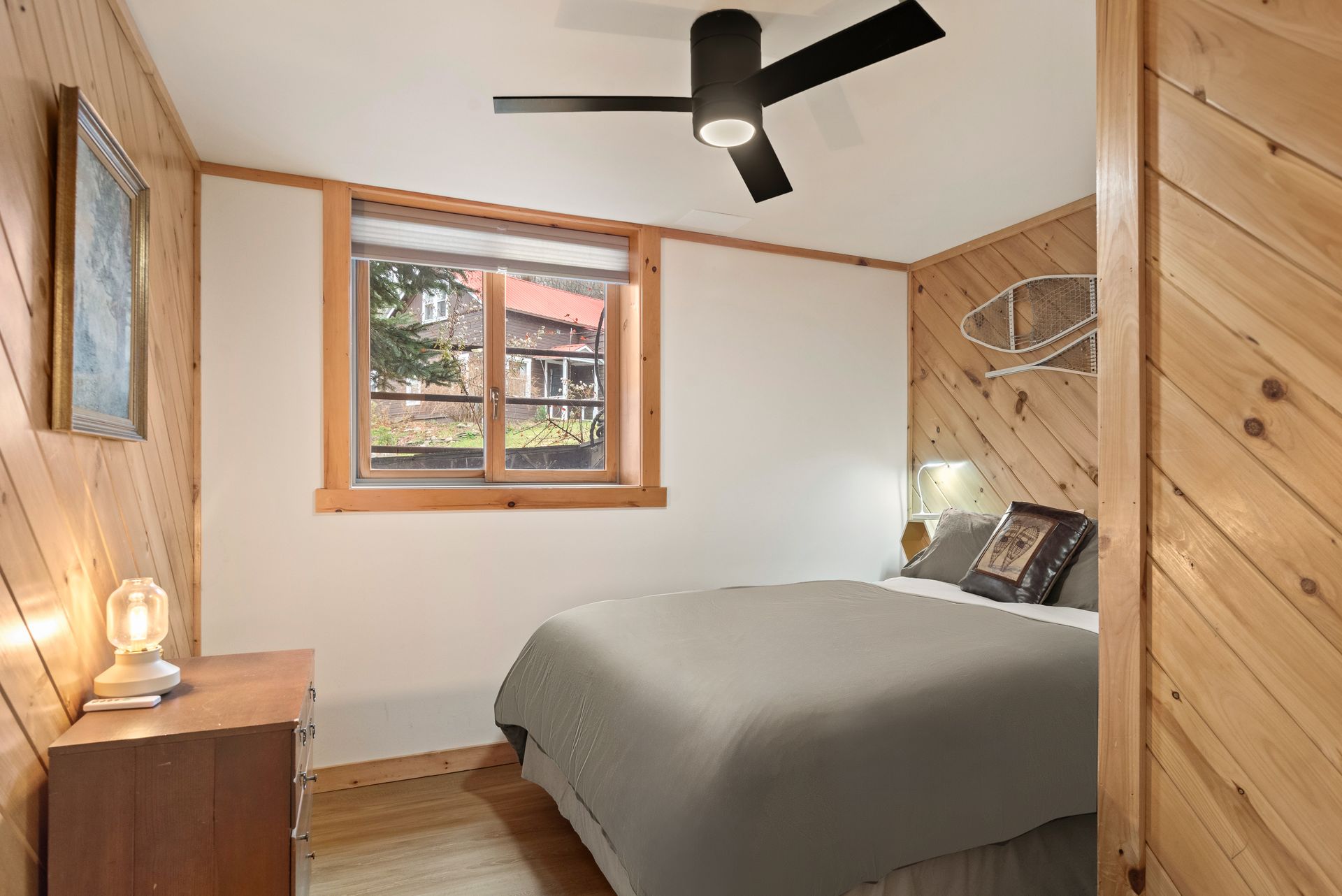 Cozy bedroom for Cabin 4B in Belleayre Lodge in Pine Hill, NY, featuring comfortable bed and beautiful views of Catskills.