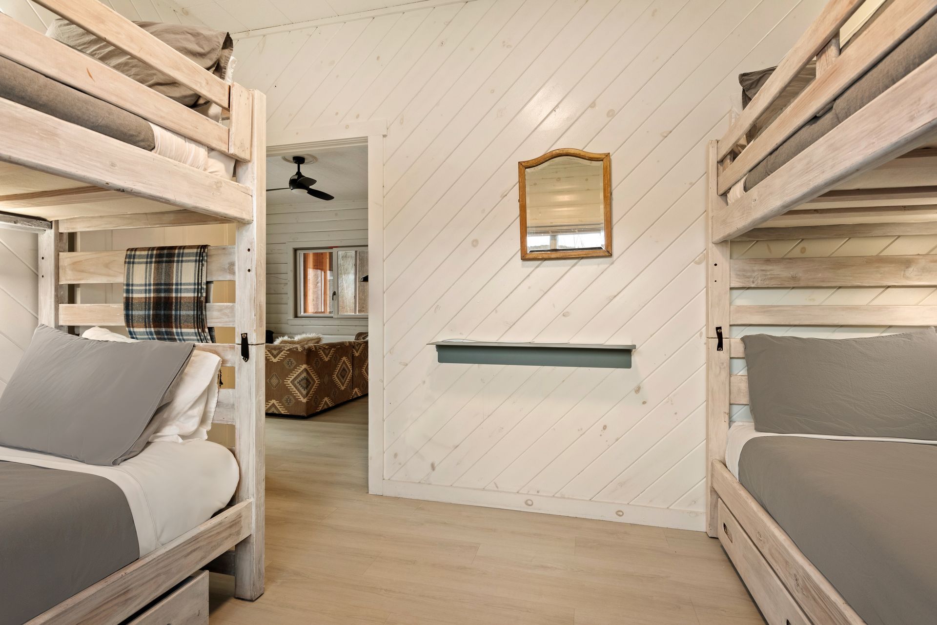 Cozy bedroom for Cabin 6 in Belleayre Lodge in Pine Hill, NY. Comfortable bunk beds