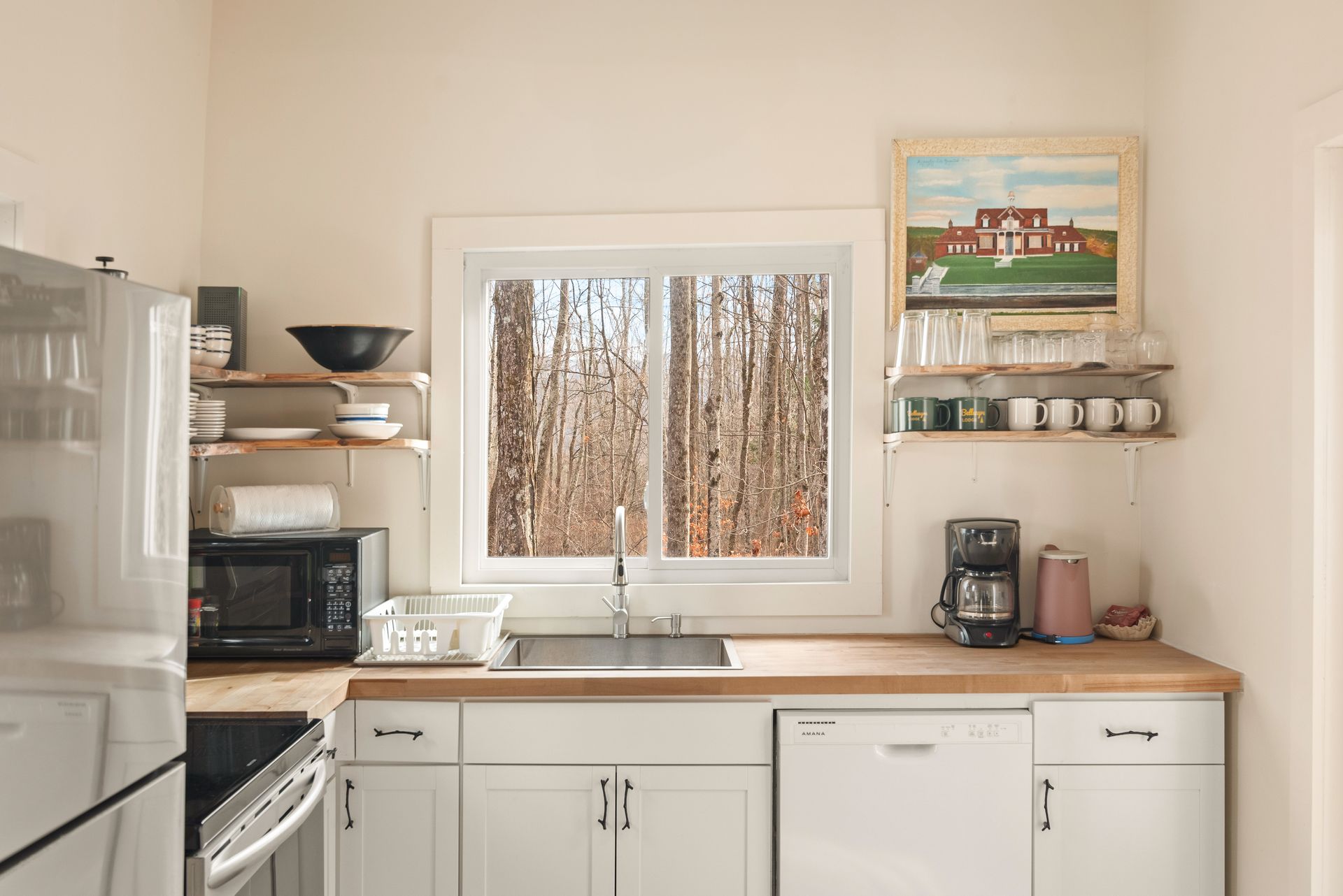 Cozy kitchen for Cabin 9 in Belleayre Lodge in Pine Hill, NY. Kitchen appliances and beautiful views of Catskills out Window.
