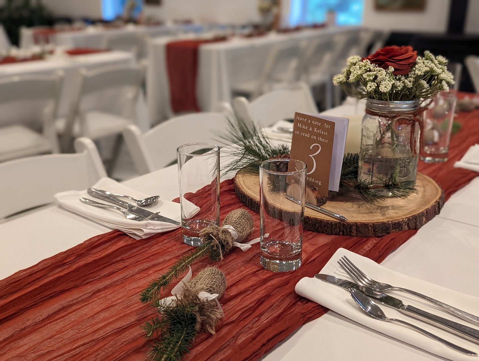 Closeup of wedding reception table, beautifully set, located at Belleayre Lodge in Catskills NY.