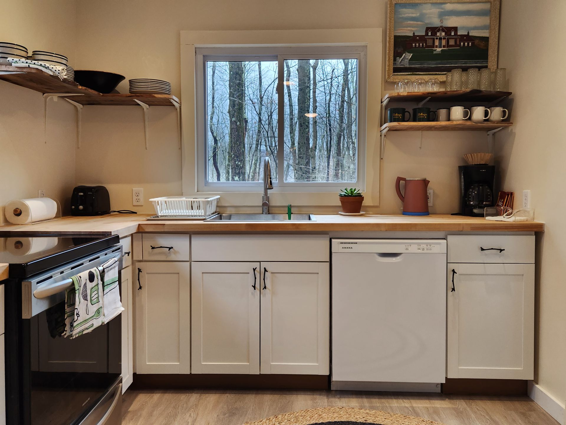 Kitchen of Cabin #9's at Belleayre Lodge, showing cabinets, dishwashers, and beautiful outdoor views out window.
