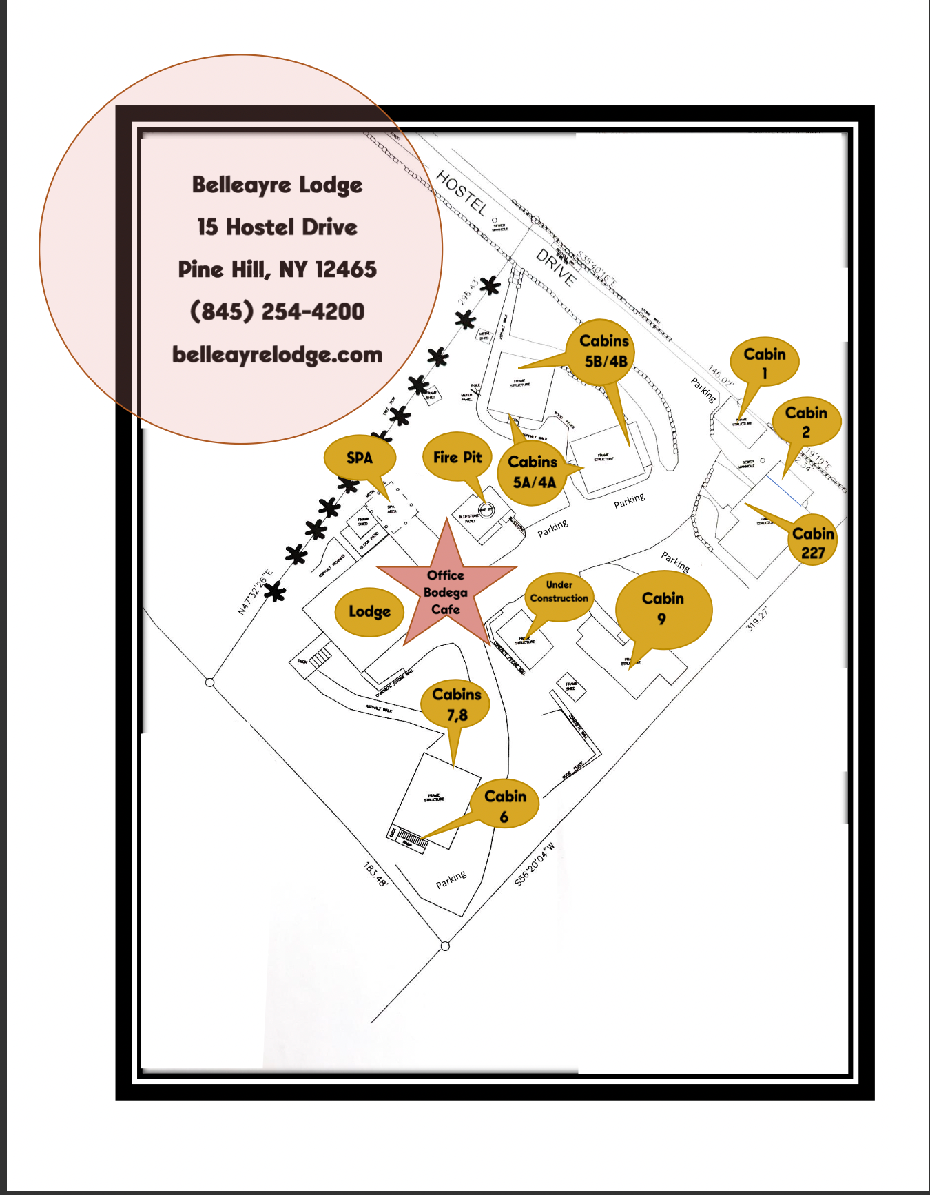 Map of Belleayre Lodge, showing different cabins and amenities like the spa and fire pit.