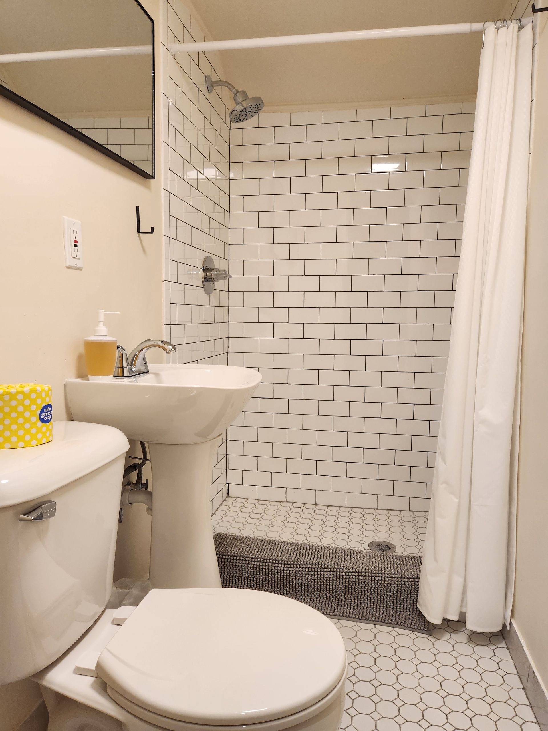 Bathroom of Cabin #9 at Belleayre Lodge, showing mirror, sink, and walk-in shower.