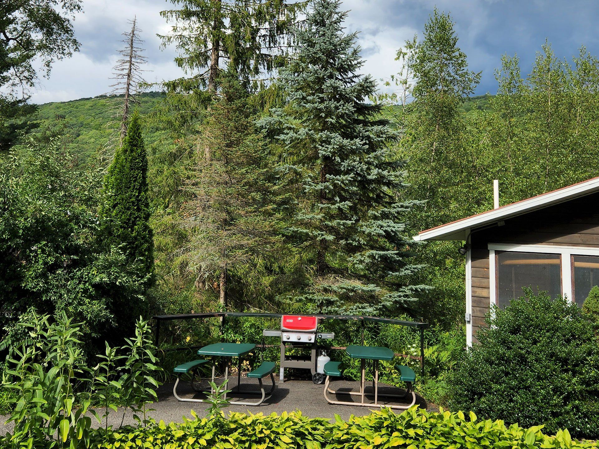 Scenic outdoor photo of a grill and picnic tables next to a Belleayre Lodge cabin. Views of Belleayre Mountain the Catskills.