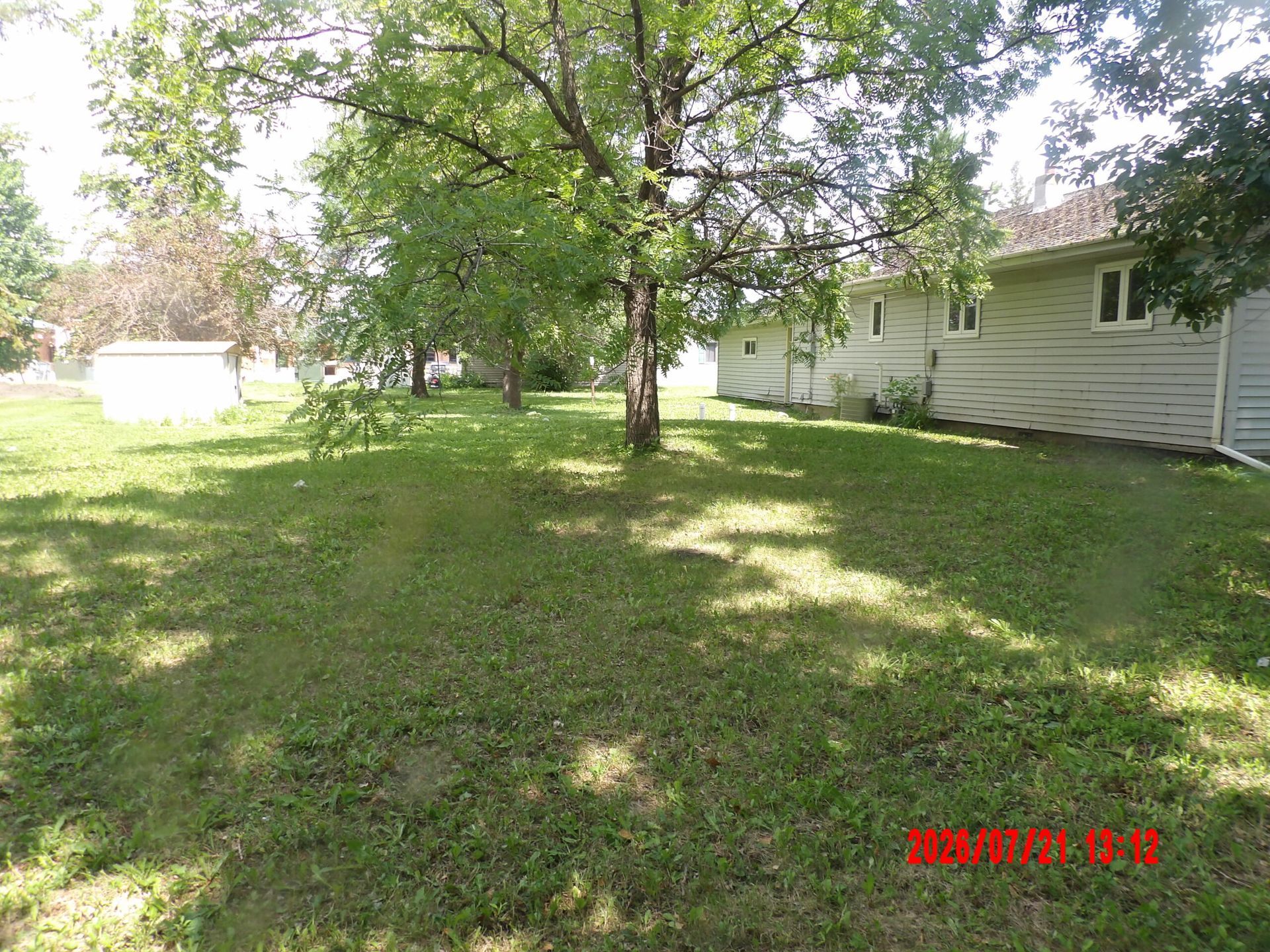 Backyard with large trees, grassy lawn, and a white house in the background