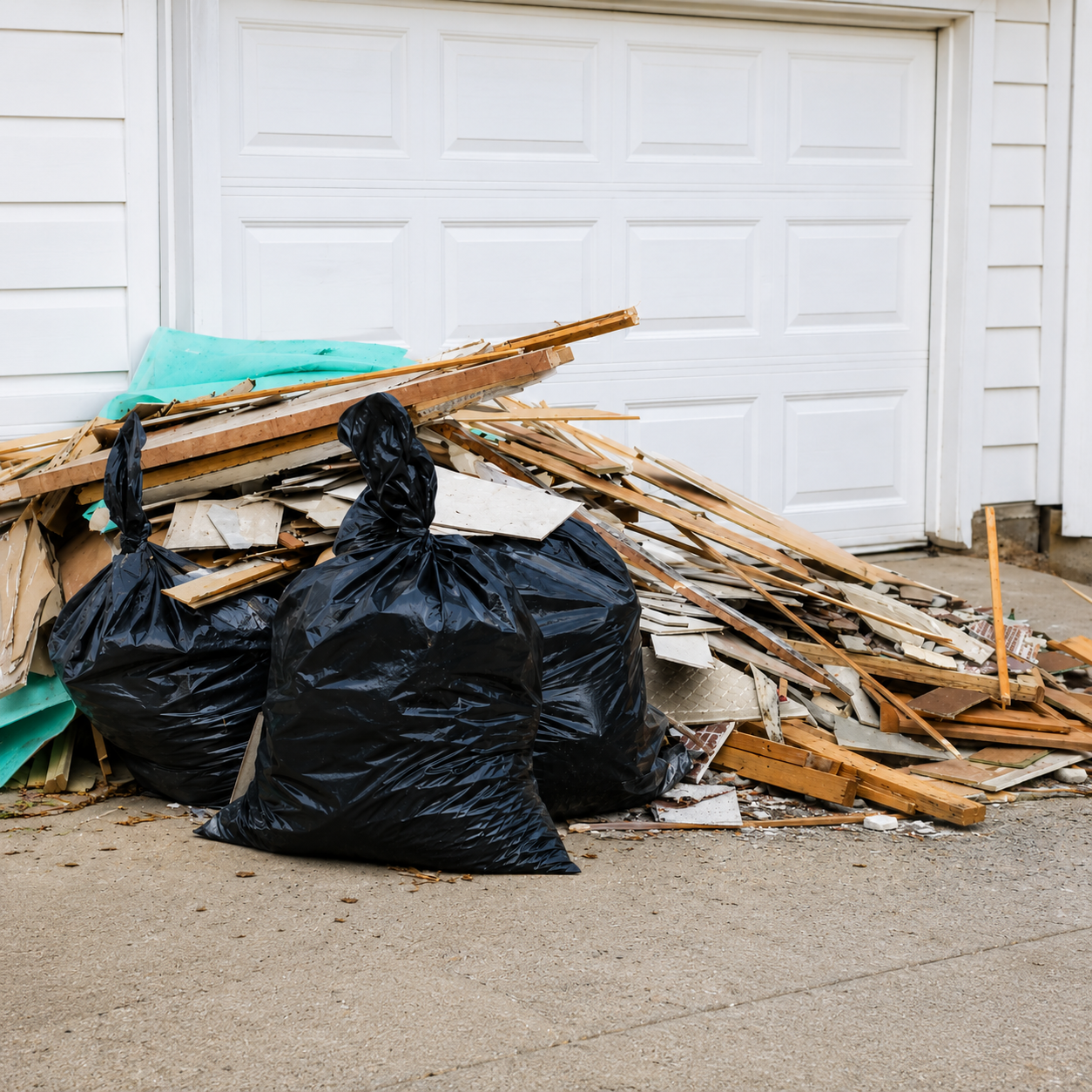 Black trash bags and broken wood piled in front of a white garage door.