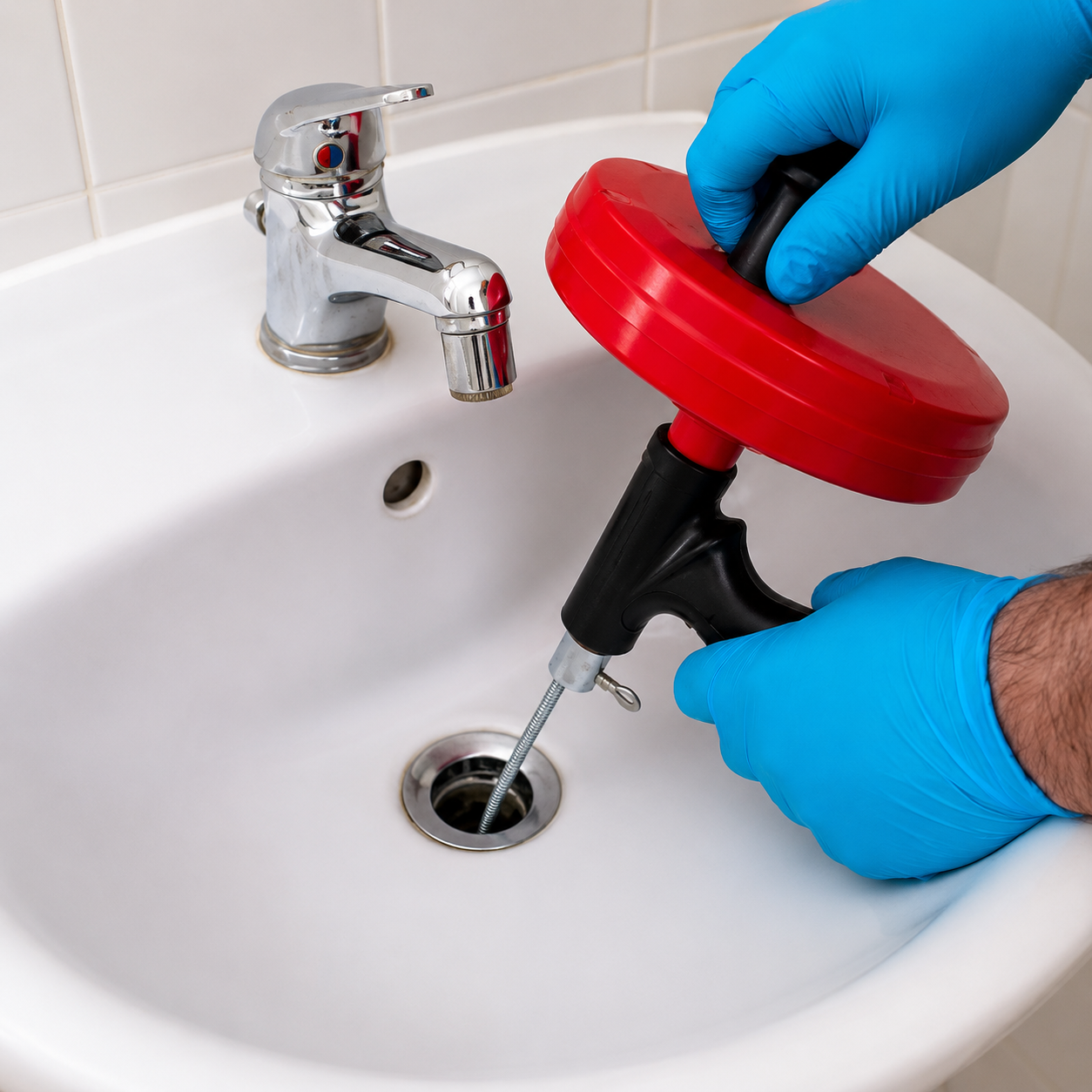 Blue-gloved hands using a red drain auger to unclog a bathroom sink