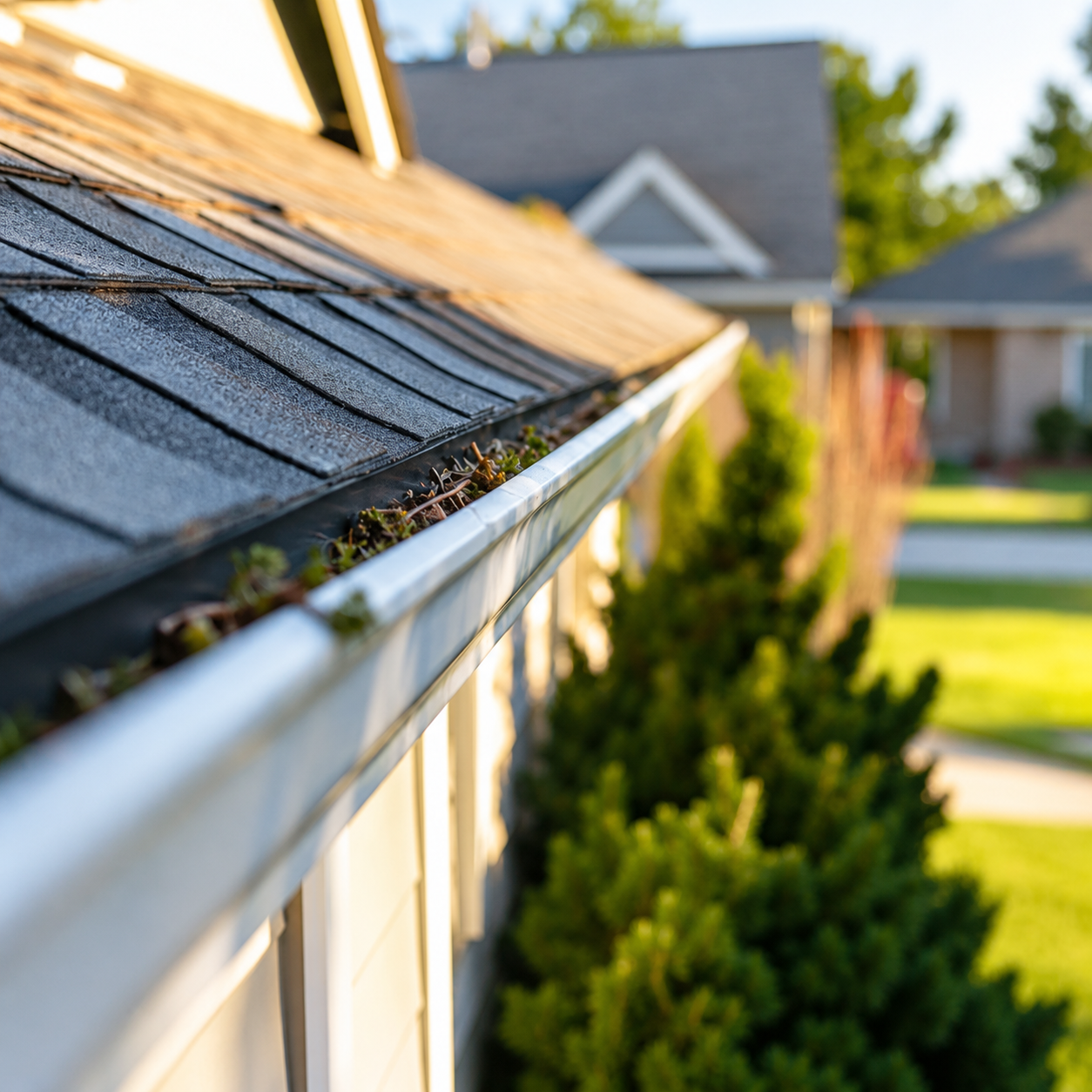 Close-up of a house roof and white gutter with sunlight, suburban homes and trees in the background