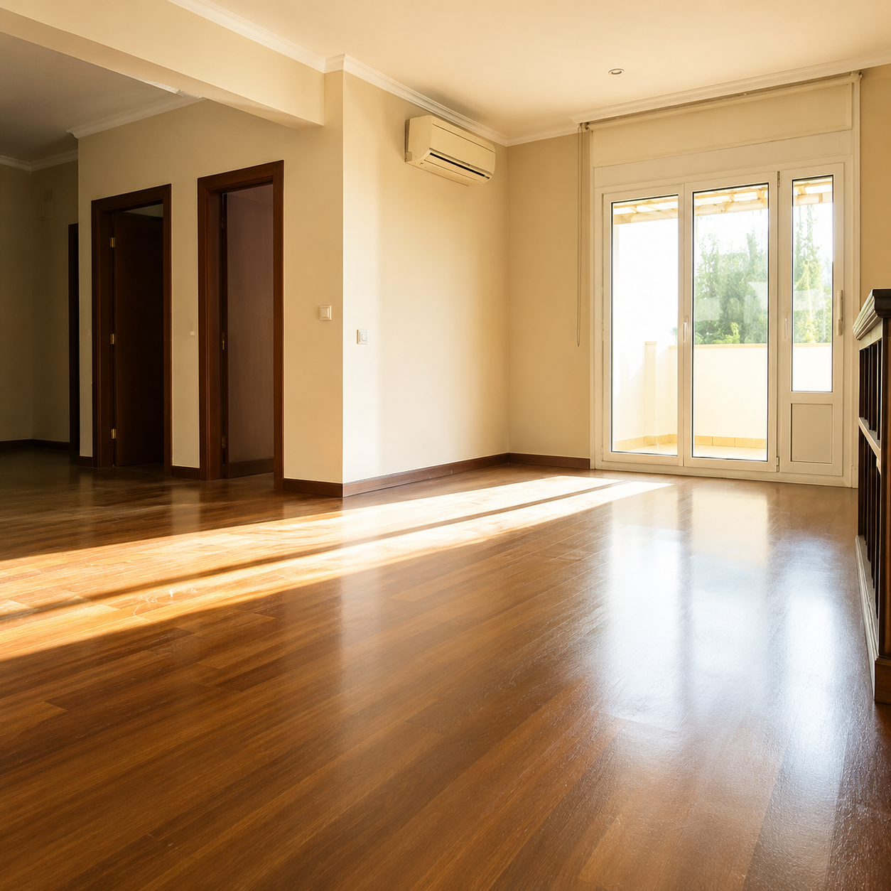 Empty sunlit room with polished wood floor, sliding glass doors, and wall-mounted air conditioner