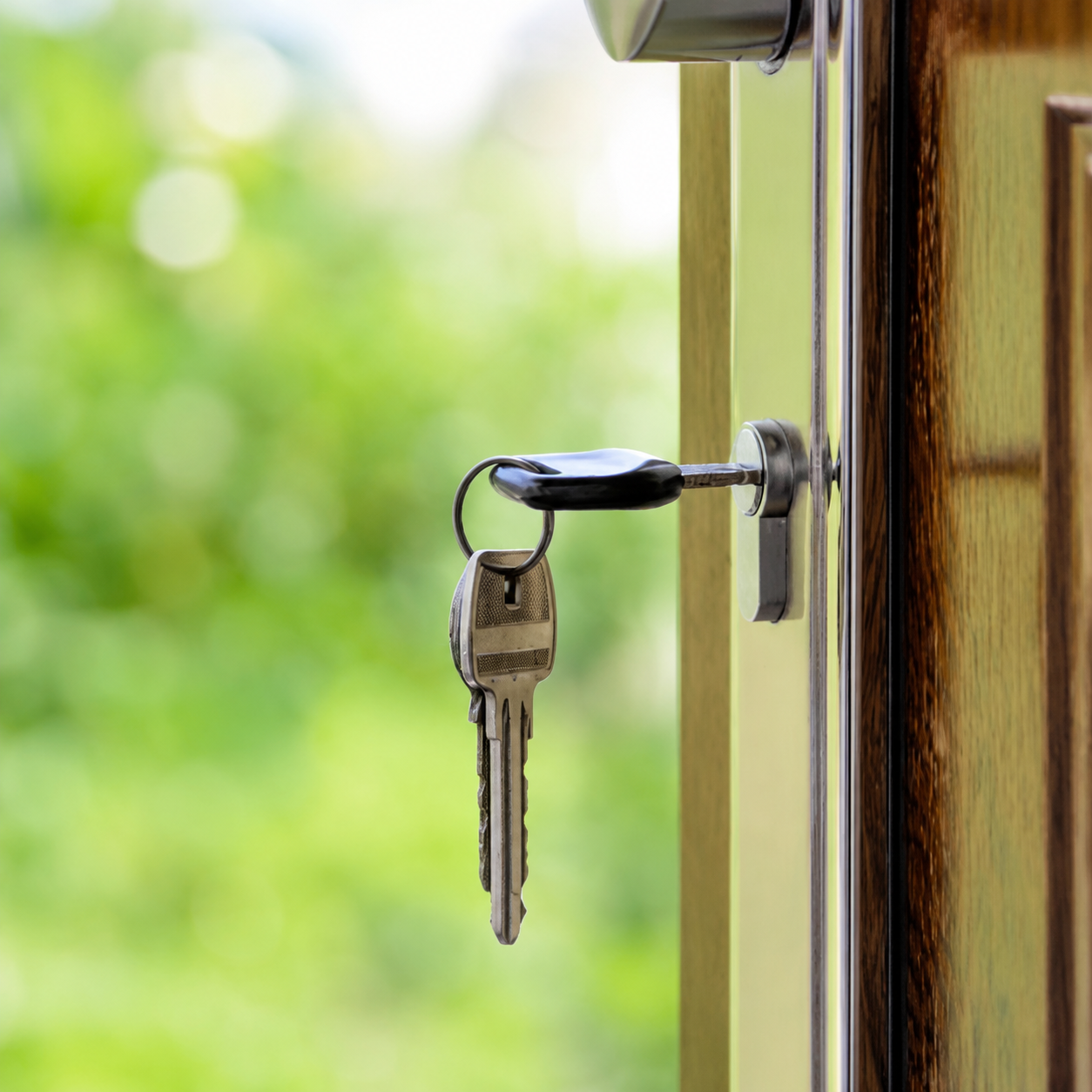 Keys in a lock on a wooden door, with a blurred green background