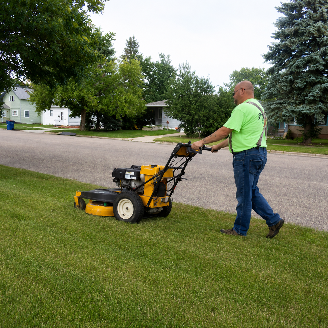 Man using a yellow lawn mower on a grassy roadside in a suburban neighborhood