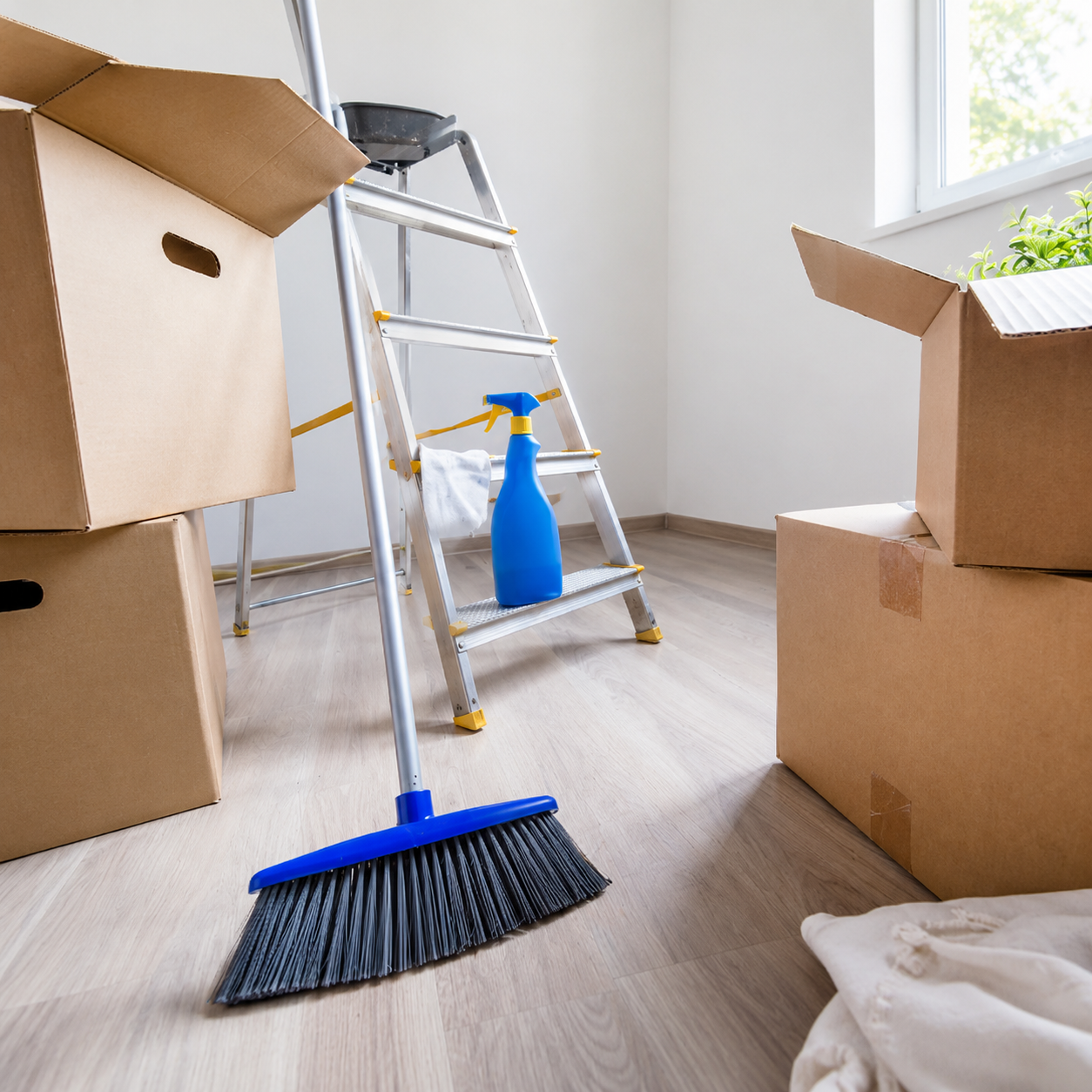 Cleaning supplies beside a ladder in a room with moving boxes and a broom on the floor