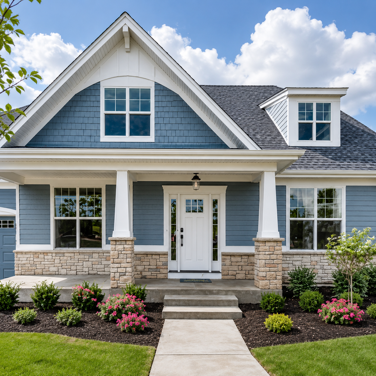 Modern blue-gray house with white trim, stone porch, and landscaped front yard