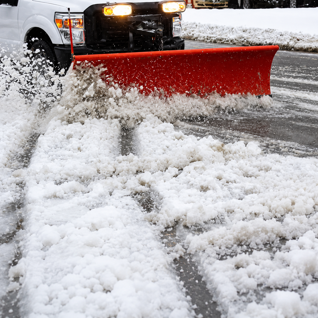 Snowplow clearing a snowy road, with a red blade pushing slush aside.