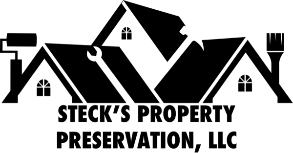 Black-and-white logo of stylized houses and tools above the text “STECK’S PROPERTY PRESERVATION, LLC”