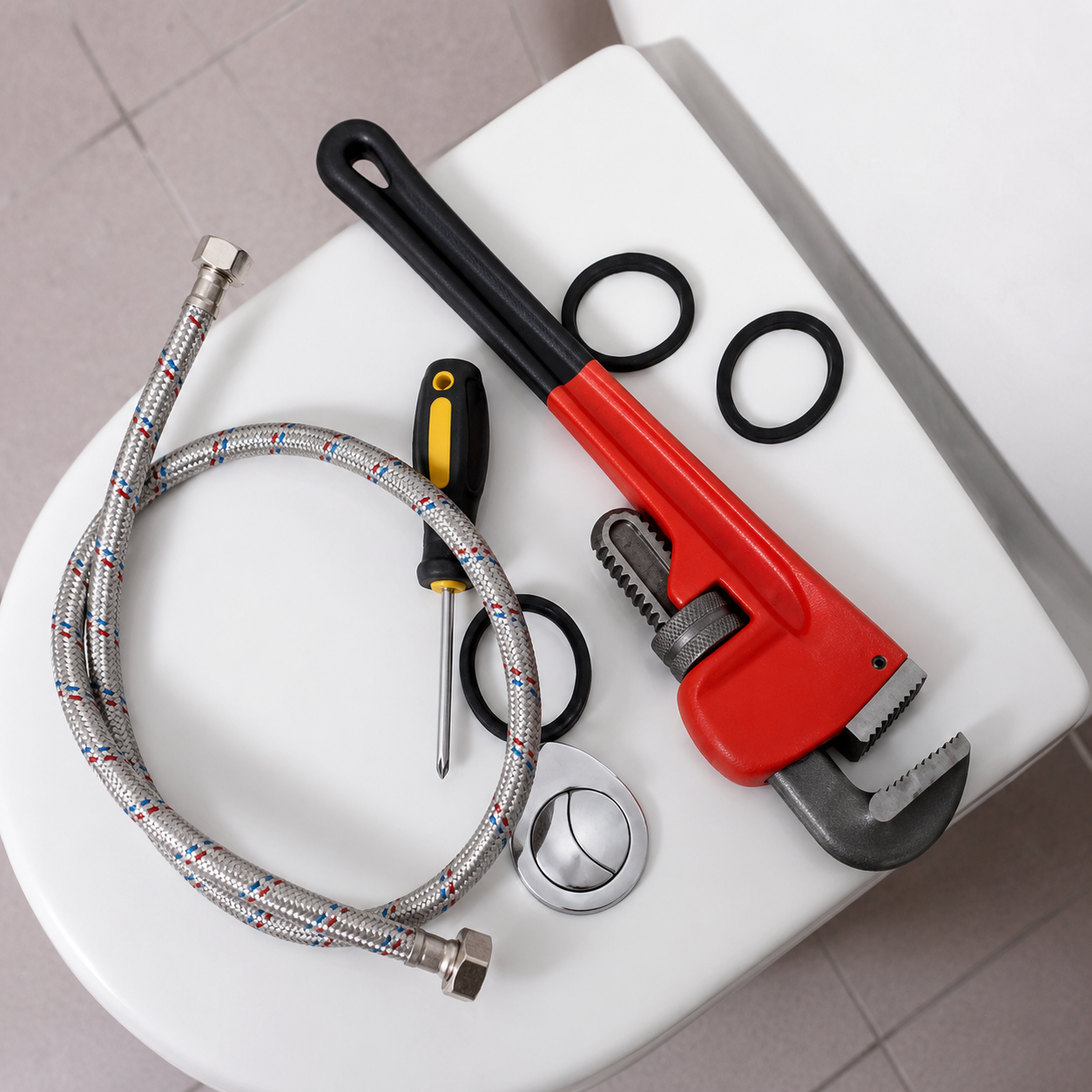 Plumber’s tools on a toilet: red pipe wrench, flexible hose, screwdriver, and black rubber rings.