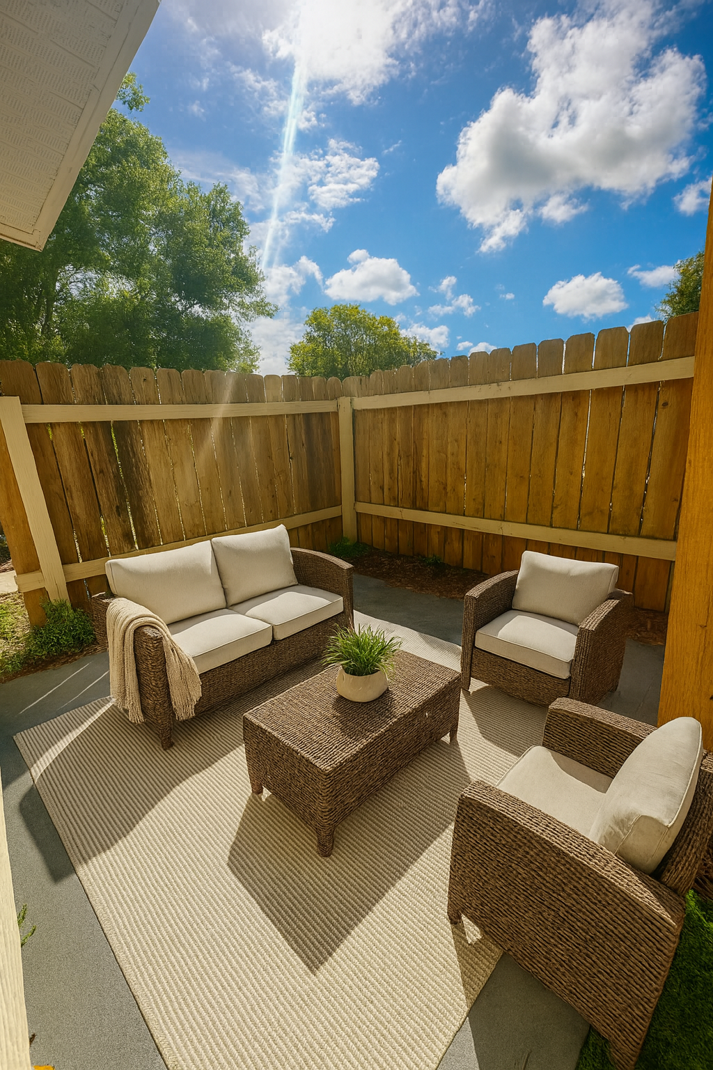 Outdoor patio with wicker furniture, beige cushions, and a wooden fence under a blue sky.