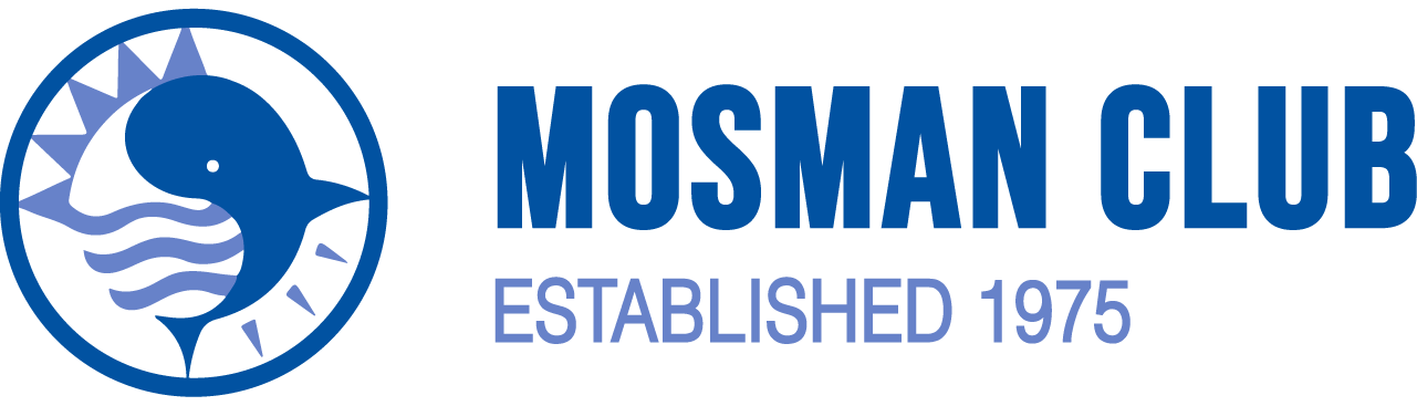 Logo for Mosman Club, established in 1975, featuring a circular blue graphic of a whale with wavy water.