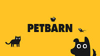 The Petbarn logo features bold black text on a yellow background, surrounded by simple black icons of a cat, dog, and bird.