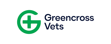 A green stylized letter G containing a plus sign next to the dark blue text "Greencross Vets".