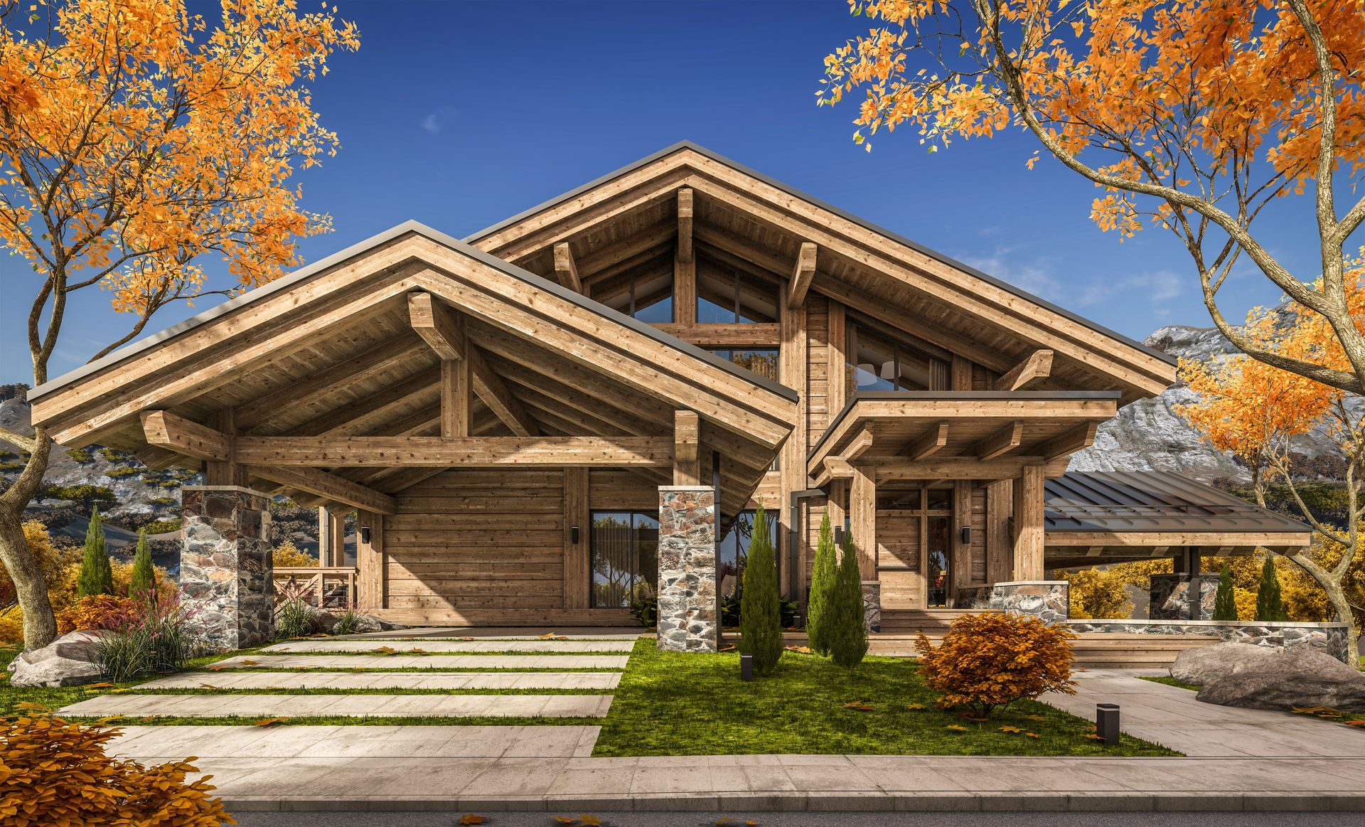 An artist 's impression of a wooden house in the mountains.