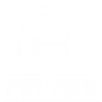 A stylized white building outline with text 