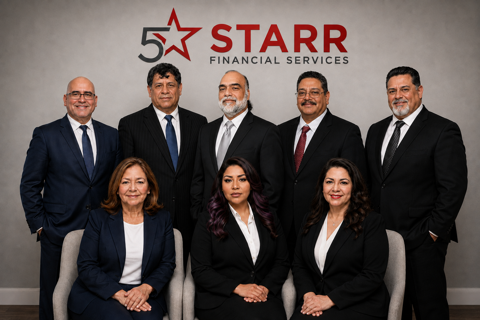 Seven smiling Starr International Services team members posing in formal business attire before the company logo.
