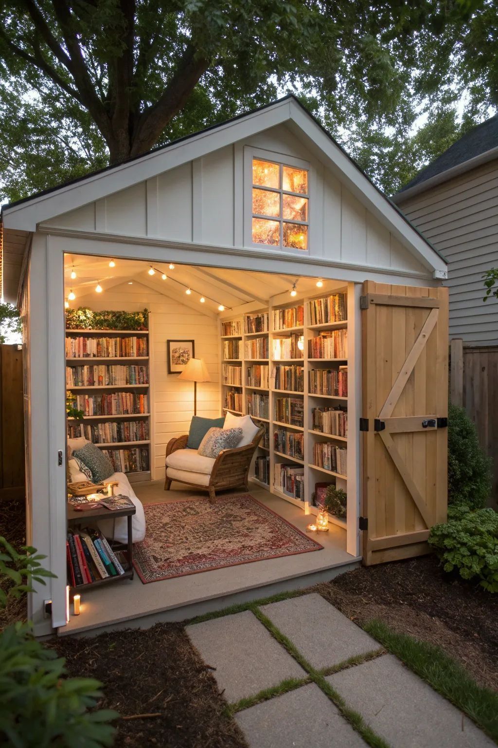 Cozy backyard shed converted into a warm-lit library with bookshelves, armchair, and open double doors