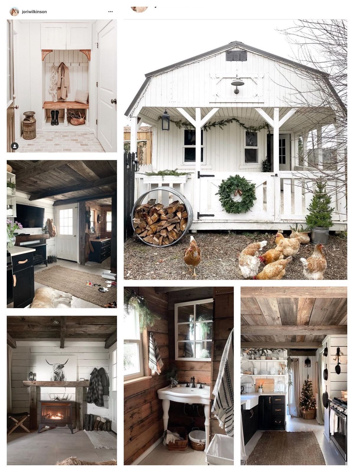 Rustic farmhouse collage with white porch, vintage interiors, and cozy decor in neutral tones