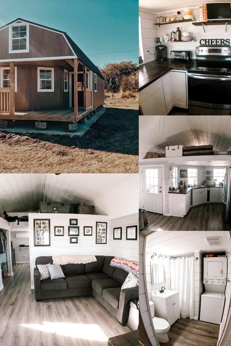 Tiny brown house exterior and collage of a bright, white-trimmed living room, kitchen, dining area, and bathroom.