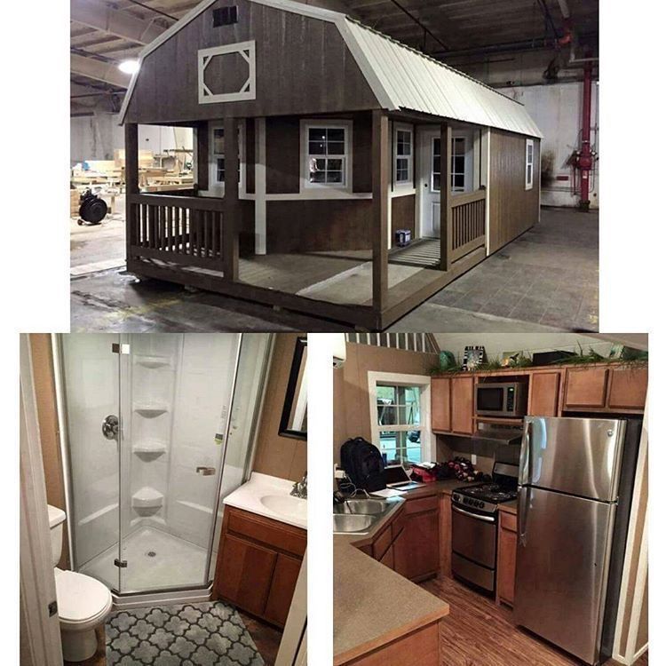Tiny cabin with porch, kitchen, and bathroom interior views