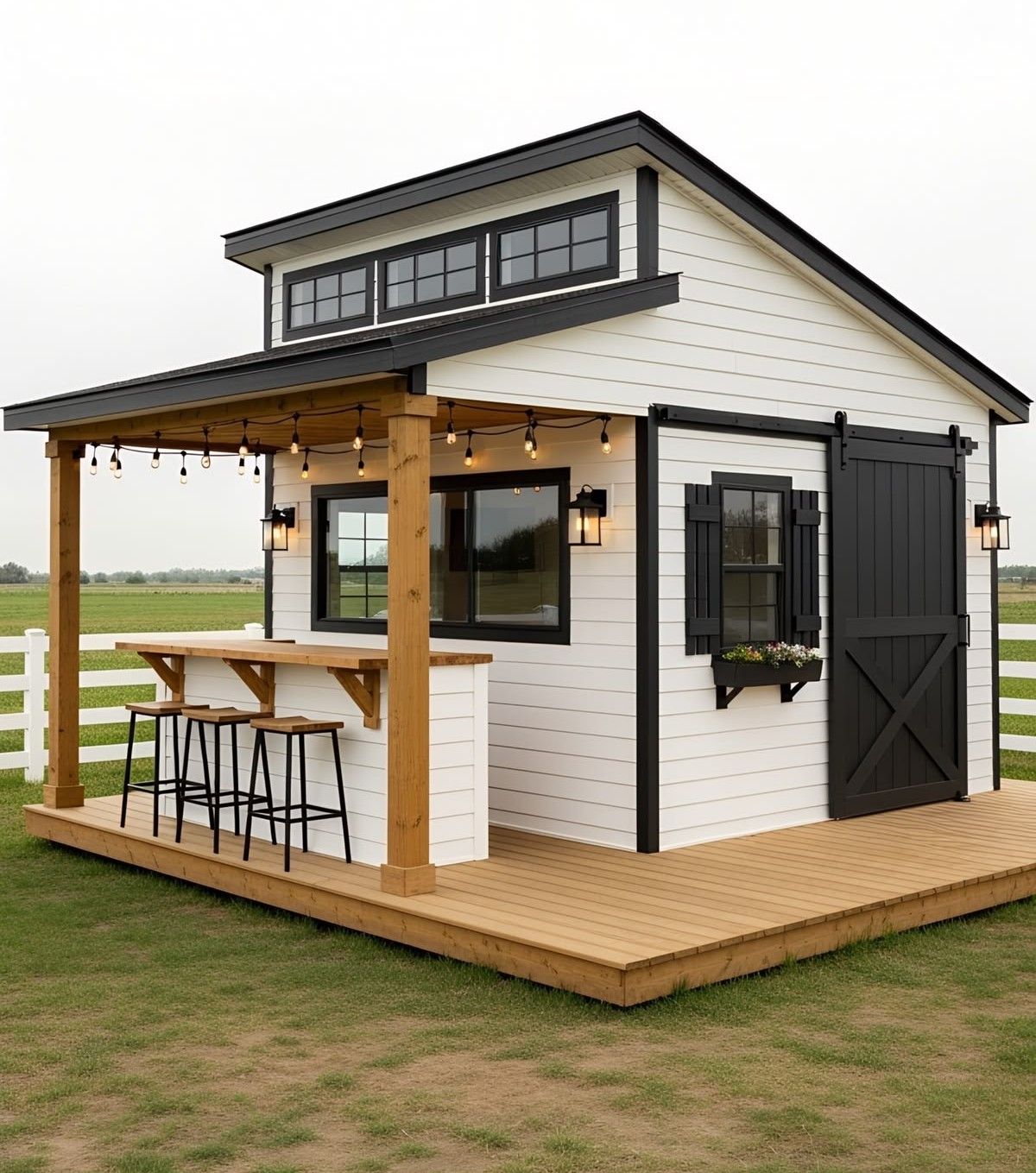 Small white tiny house with black trim and a wood deck, featuring a covered patio and bar stools outdoors