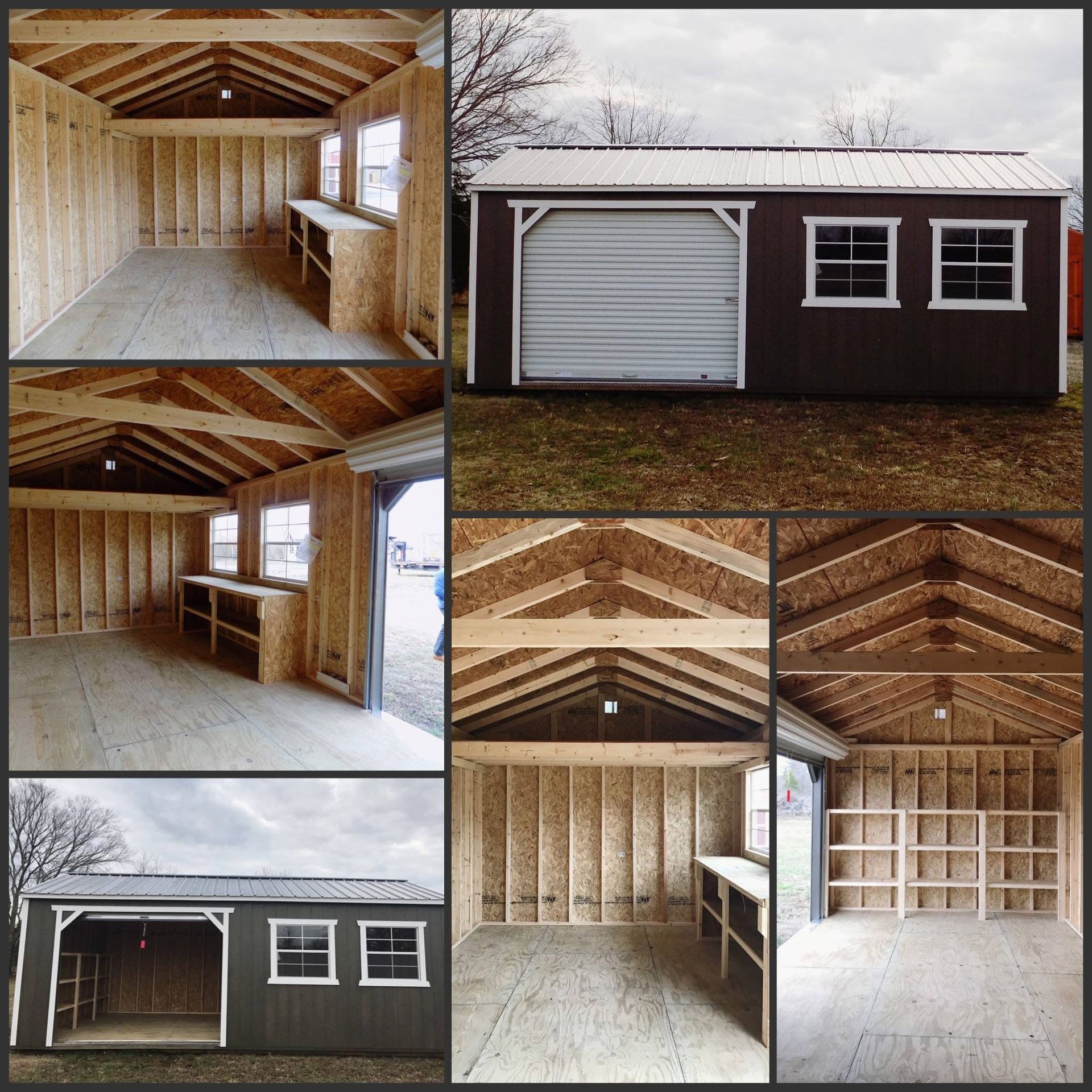 Collage of a small brown shed interior and exterior, showing unfinished wood framing and white windows/door.