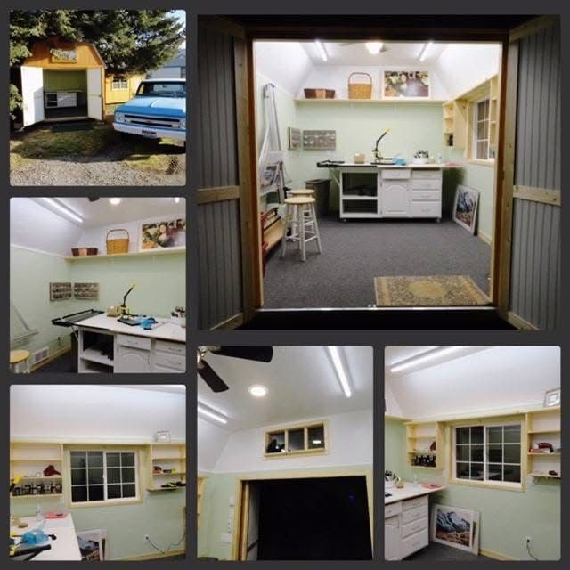 Collage of a small white garage workshop with cabinets, sink, desk, and driveway exterior view
