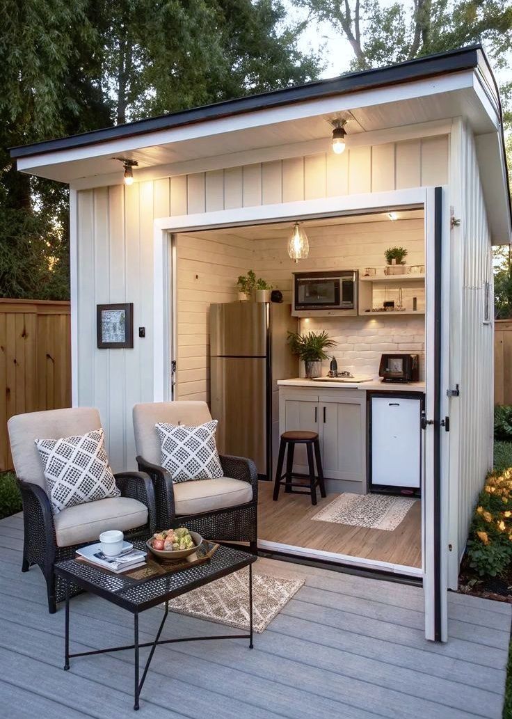 Small white backyard patio shed with open serving window, sofa chairs, and a mini fridge inside