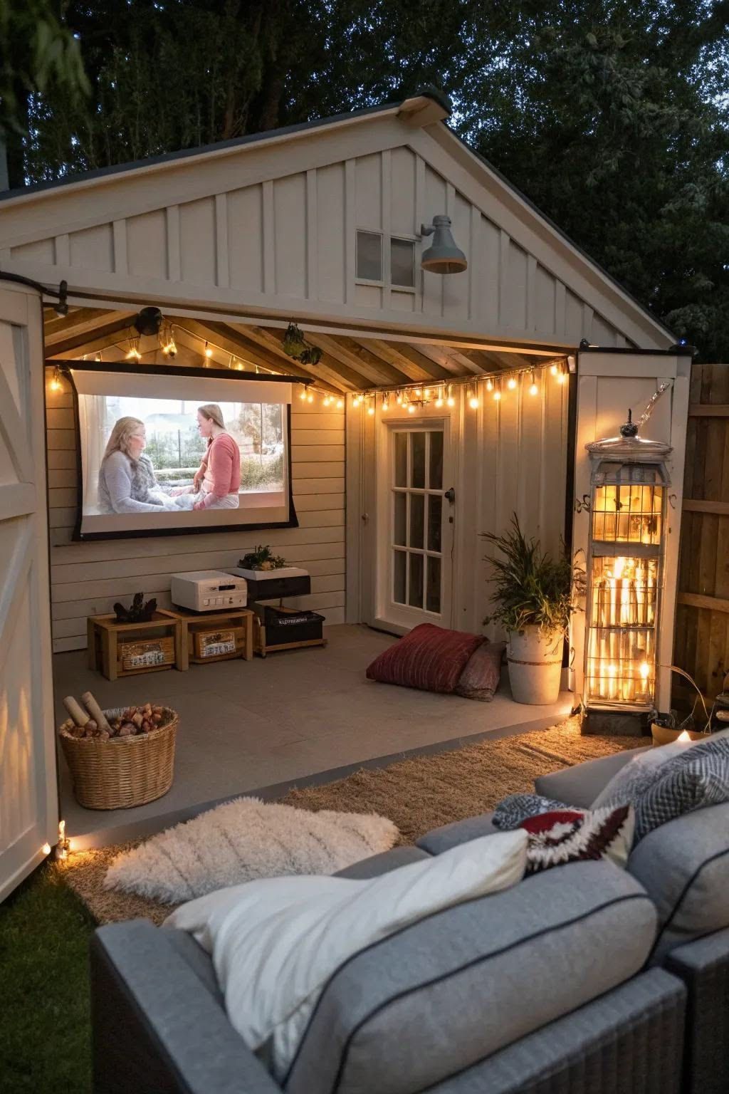 Cozy backyard outdoor theater with string lights, projector screen, cushioned seating, and a small cabin porch
