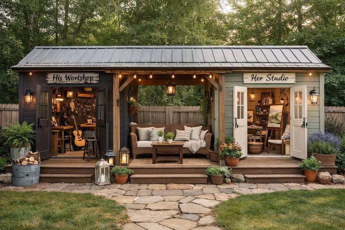 Two-shop rustic storefront with a porch, warm lights, and potted plants in a garden setting