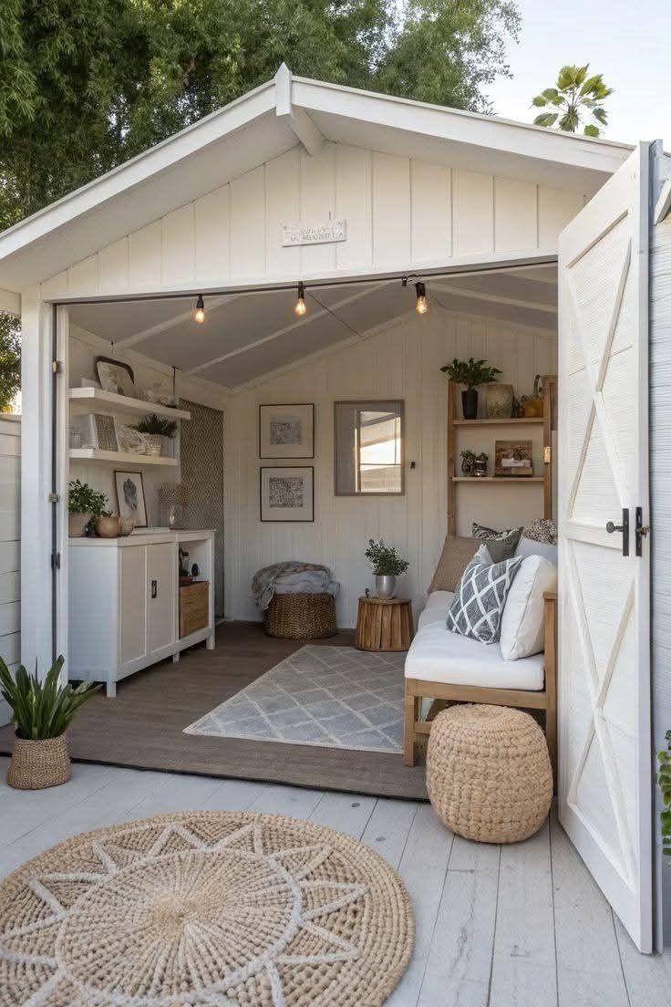 Open garden shed turned cozy lounge with white decor, rug, bench, and string lights