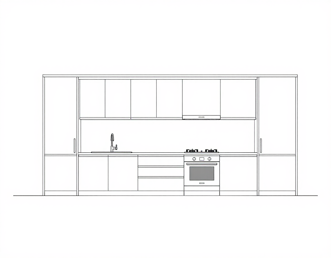 Architectural line sketch of a kitchen layout