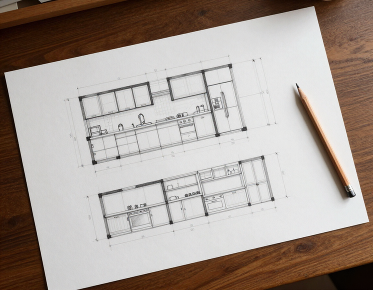 Architectural kitchen floor plan sketch with pencil