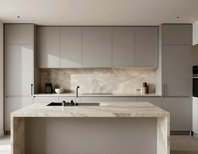 Contemporary kitchen with waterfall stone island