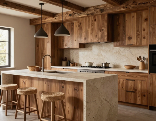 Kitchen with rough-hewn timber and honed limestone textures